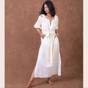 Rhea Handmade Cotton Silk Embroidered Floral Puffed Sleeve Bohemian Casual Midi